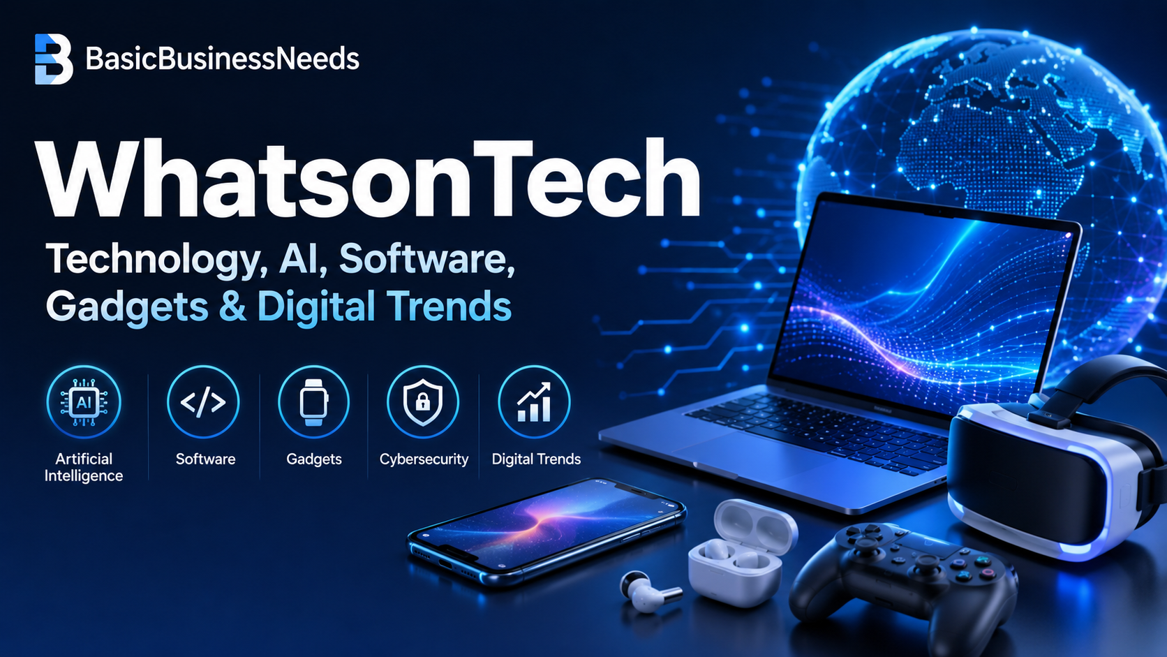 WhatsonTech technology banner featuring AI, software, gadgets, cybersecurity, and digital trends with a laptop, smartphone, smartwatch, headphones, and gaming controller.